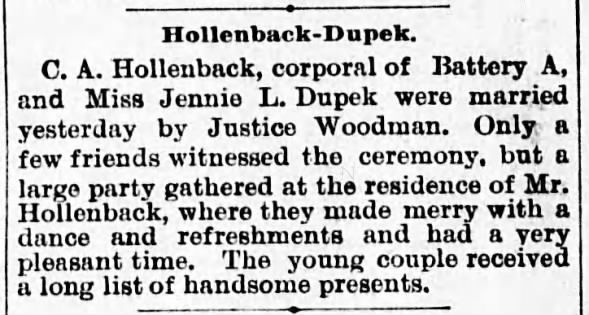 C.A Hollenback(Adam?)-Jennie L Dupek married